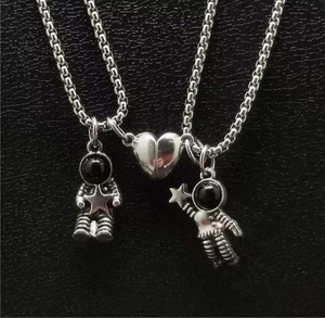 P. R. PRINTS Magnet Heart Astronaut Couple Friendship Locket Silver Plated Stainless Steel Necklace Set