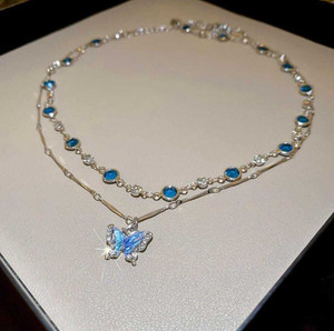 Shrija Enterprises Korean Two Layer Blue Theme Butterfly & Stone Necklace Enamel Locket Set