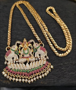 Hanaa One Gram Gold Micro Plated AD Laxmi Pendant Chain Dollar Chain Temple Jewellery Gold-plated Zircon Copper Pendant Set