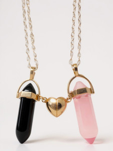 RAPPERSSHOP Heart Magnetic Hexagonal Glass Crystal Point Couple Pencil Pendant Sterling Silver Stainless Steel Pendant Set