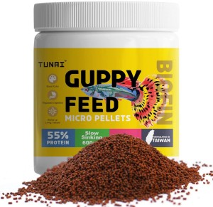 TUNAI Guppy Fish Food 55% Protein for Strong Growth 600 Microns Slow Sinking Food Sea Food 0.05 kg Dry New Born, Adult, Senior, Young Fish Food
