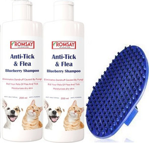 ROMSAY Anti-Tick & Flea Shampoo For Dogs & Cats 200ML Pack Of 2 With Bath Brush Flea and Tick, Allergy Relief, Anti-fungal, Anti-itching, Anti-dandruff, Hypoallergenic Fresh Notes, Blueberry Dog Shampoo