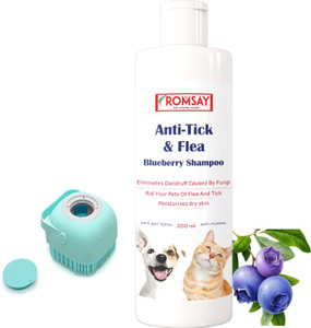 ROMSAY Anti-Tick & Flea Blueberry Shampoo 200ML + Bathing & Massaging Brush For Pets Flea and Tick, Anti-itching, Anti-fungal, Allergy Relief, Anti-Bacterial, Hypoallergenic Blueberry Dog, Cat Shampoo