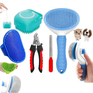 Doggifys 4-in-1 Pet Grooming Kit – Slicker Brush, Nail Clipper, Silicone Bath Brush Set Pet Spa Kit
