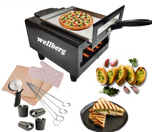 WELLBERG Combo Electric Tandoor Grill Special with Kitchen Ware Accessories Electric Tandoor with Pizza Cutter, Magic Cloth, Aluminium Tray, Shock Proof Rubber Legs, Recipe Book, Skewers And tong (Black) Pizza Maker