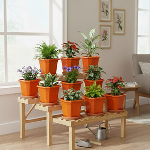 Brivs Orange Plastic Pot for Home Garden Plant Container Set