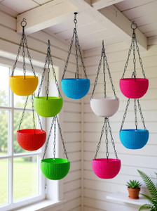Dervino Plastic Grow Planter Woven Hanging FlowerPot with Chain Hang Plastic Pot Multi Plant Container Set