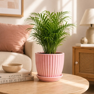 The Cozy Edit Pink Premium Glossy Ribbed Ceramic Planter Pot with Tray Plant Container Set