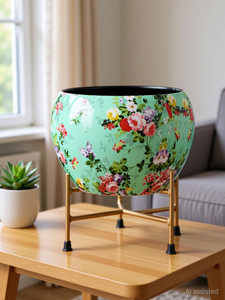 RS Gharkraft Floral Mint Ceramic Planter with Gold Stand Plant Container Set