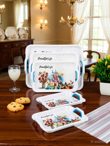 VSELL Plastic Printed Rectangular Serving Tray with Handle for Serving Tea & etc. Tray