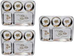Kapalin BHOJAN THALI SET OF 3 PIECES 5 COMPARTMENTS EACH Sectioned Plate Dinner Plate