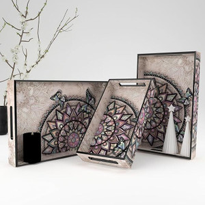 Castleite Elisa Isadora Mandala Decorative Set for Serving & Kitchen Use, Wooden Tray