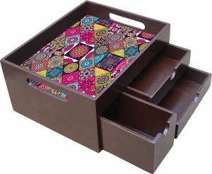 Enigmatic Woodworks Wooden Tray with Multi Drawer (Rangoli Theme) Tray