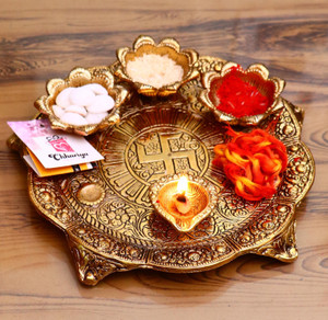 Chhariya Crafts Pooja Thali with Diya for Home and Office Temple and Puja Aluminium