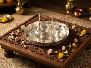 GoldGiftIdeas 7PS Pooja Thali Set For Home, Silver Plated