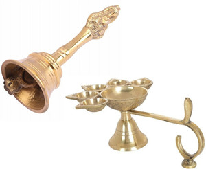 Utkarsh Combo Of 5 Face Puja Camphor Burner Lamp Panch Aarti Jyoti With Brass Nagpari Head Pooja Puja Bell Ghanti Brass