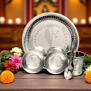 Q4S Laddu Gopal Ji Pooja Thali set ( 1 Thali 2 Bowl 1 Spoon 1 Glass) Pooja Thali Set Stainless Steel