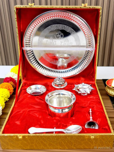 ME&YOU Silver Plated Decorative Ganesh Laxmi Embossed Puja Thali for Diwali Poojan, Dhanteras, Hawan Puja, Diwali Pujan, Navrata Pujan, Durga Pujan Silver Plated
