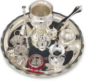 BENGALEN Silver Plated Pooja thali Set 8 Inch with Accessories Wedding Return Gift Items Silver Plated