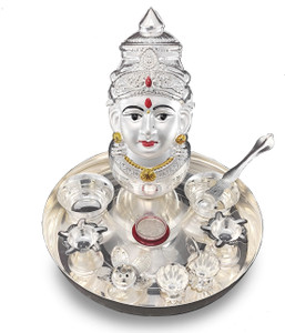 BENGALEN Pooja thali Set with Varalakshmi Devi Mukhota Idol for Festival lakshmi Puja Silver Plated