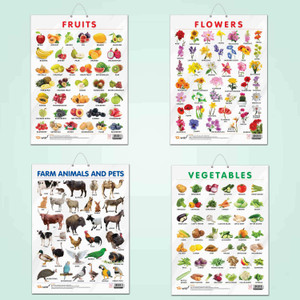 FRUITS CHART GLOSS LAMINATED, FLOWERS CHART GLOSS LAMINATED, FARM ANIMALS AND PETS CHART GLOSS LAMINATED, and VEGETABLE CHART GLOSS LAMINATED | combo of 4 charts |Nature's Bounty and Blooms: A Visual Journey Paper Print