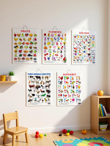 ALPHABET CHART GLOSS LAMINATED, FRUITS CHART GLOSS LAMINATED, FLOWERS CHART GLOSS LAMINATED, FARM ANIMALS AND PETS CHART GLOSS LAMINATED, and HINDI VARNMALA CHART GLOSS LAMINATED | combo of 5 charts |Holistic Kids' Learning Materials Paper Print