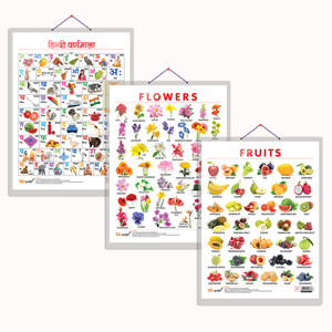 FRUITS CHART HARD LAMINATED, FLOWERS CHART HARD LAMINATED, and HINDI VARNMALA CHART HARD LAMINATED | combo of 3 charts | Vibrant Visual Aids for Young Minds Paper Print