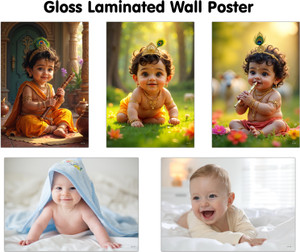 KRISHNA BABY POSTER - 4, 5, 6 and BABY POSTER - 3 and 4 (GLOSS LAMINATION) :- glossy Krishna child art print, laminated baby photo glossy wall print, pregnancy wellness poster | Pack of 5 baby posters Paper Print