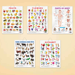 ALPHABET CHART GLOSS LAMINATED, FRUITS CHART GLOSS LAMINATED, FLOWERS CHART GLOSS LAMINATED, FARM ANIMALS AND PETS CHART GLOSS LAMINATED, and PARTS OF BODY CHART GLOSS LAMINATED | combo of 5 charts |Colorful Charts for Kids' Exploration Paper Print