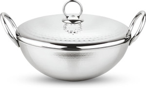 PRABHA by Prabha Kadai for Cooking | Steel Kadhai | Hammered Finished Stainless Steel Kadhai | Kadhai 24 cm diameter with Lid 2.4 L capacity