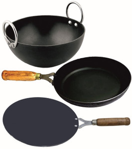 VeerEnterprises MS Pure Iron/Loha Combo Set of 3 (Kadhai, Wooden Handle Tawa & FryPan) no 8 Kadhai 20 cm diameter 1 L capacity
