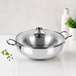 MITHALI 2L Stainless Steel kadhai with Glass Lid 24 cm ढक्कन के साथ