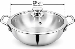 Mainsa Triply Kadhai with Glass Lid Steel Kadhai 26 cm diameter with Lid 3 L capacity