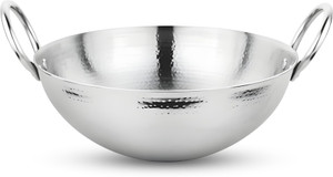PRABHA Stainless Steel Hammered Finish, Heavy Gauge Kadhai, Kitchen Wok, Silver Kadhai 32 cm diameter 5.8 L capacity