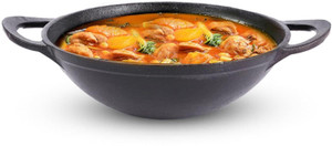 The Indus Valley Pre-seasoned Cast Iron Kadai with Curved Handle - 8inch Kadhai 20.3 cm diameter with Lid 1.4 L capacity