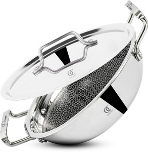 Omichef Primax 20CM(1.7Ltr) Triply Stainless Steel HoneyComb Kadhai with Lid, Kadhai 20 cm diameter with Lid 1.7 L capacity