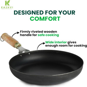 Kashvi Pre-Seasoned Long Wooden Handle Fry Pan 25 cm diameter 1.3 L capacity