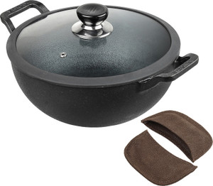 VINOD Legacy Pre-Seasoned Cast Iron Kadai with Glass Lid कढ़ाही 26 cm ढक्कन के साथ