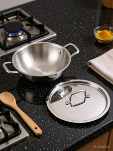 iVBOX ® Platina Induction Bottom 22cm Triply Stainless Steel Kadai with Lid, 2 Ltr कढ़ाही 22 cm ढक्कन के साथ