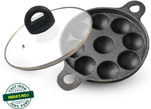 The Indus Valley Pre-Seasoned Cast Iron Paniyaram Pan with Glass Lid 9 pit - 8.2inch Paniarakkal with Lid 0 L capacity 20.8 cm diameter