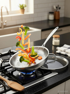 Omichef 22CM (2Ltr) Triply Stainless Steel Frypan, Induction & Gas Compatible, Fry Pan 22 cm diameter with Lid 2 L capacity