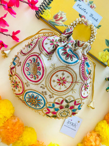 byra Round Circle Rangoli Multi Color Thread Embroidery Potli