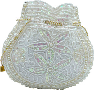 myDsGifts Women's Designer Bridal Potli Bag With Pearl Embroidery For Wedding, White Potli