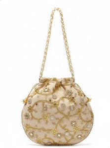 ETHNIC WAY Cream Gold Embroidered Potli Bag for Women Potli