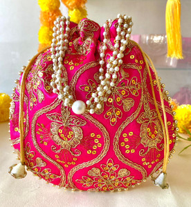 byra Golden Sequence Coding Work on Silk Potli Pouch Potli