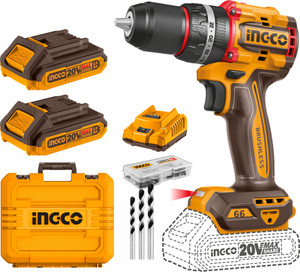 INGCO 20V Compact Brushless Cordless Impact Drill | Power Drill Machine | 66Nm 2*2.0 Ah Batteries | 1 Charger | 47 Accessories | 3 Masonry Drill Bits | Cordless Drill