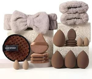 Cappuvini 20 Pcs Brown Makeup Sponge Set with Puff, Bow Headband & Clean Pad for Women"