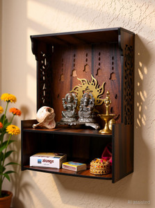 Gojeeva Premium Ganesh Ji Carved Pattern Devghar, Set-Top Box Stand Wooden Mandir Temple Wooden Wall Shelf