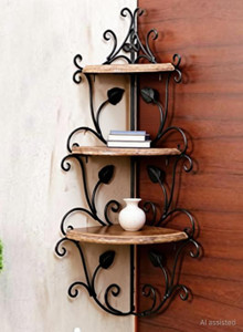 DECORASIA Wooden & Wrought Iron Corner Rack Wooden, Iron Wall Shelf