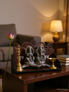 Gojeeva Premium Shubh Labh Carved Pattern Devghar Set Top Box Stand Wooden Mandir Temple Wooden Wall Shelf
